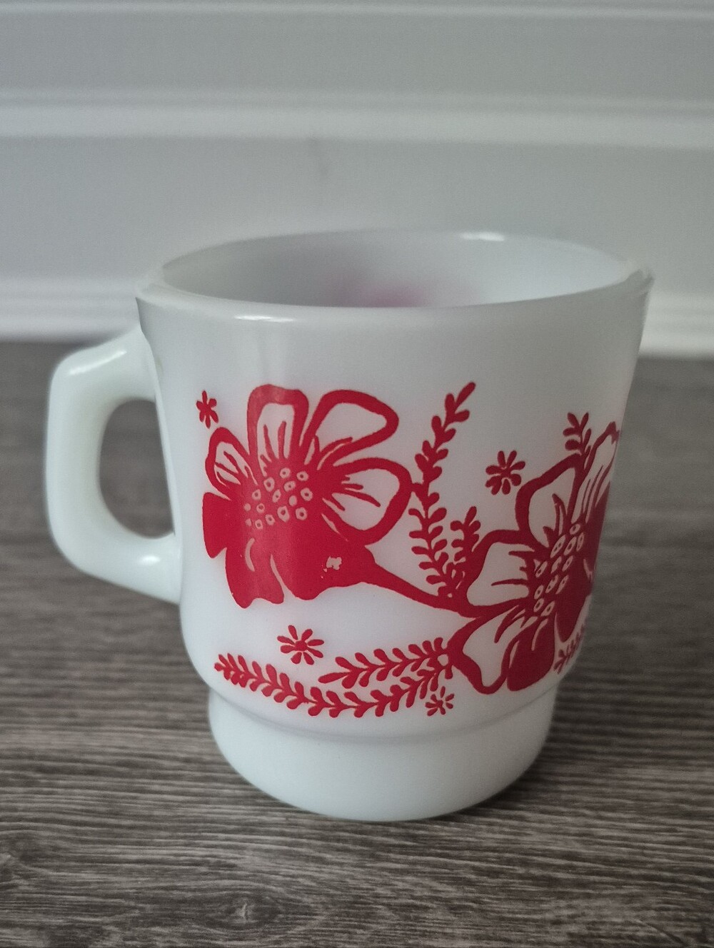 Anchor Hocking White Mug with Red Floral Pattern
